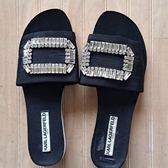 Karl Lagerfeld Paris Mirah 2 Embellished Rhinestones Glam Bold Slides Sandals - Picture 1 of 10